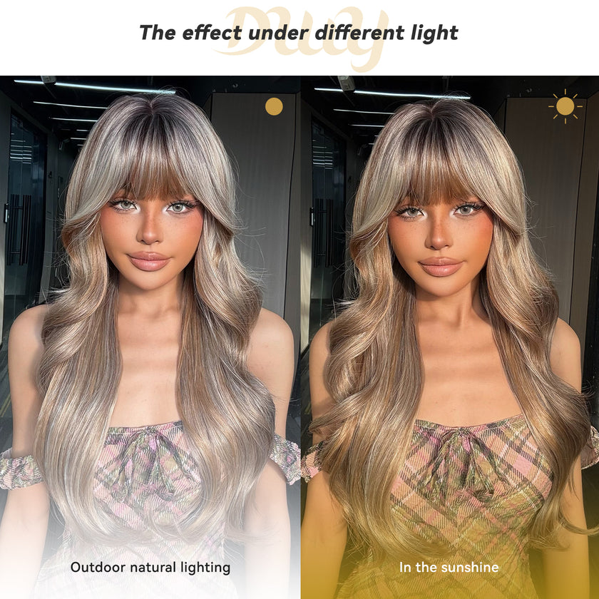 Kaci- New! DWY Bionic Silk Top 26-Inch Long Beachy Wave Honey Brown Balayage Glueless Synthetic Wig with Bangs for Women High-Quality Premium Fiber Easy Wear Comfortable Fit Summer Look