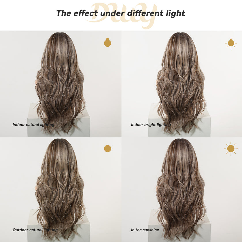 Apricot -DWY New Technology! Bionic Silk Top 24-Inch Long Wave Cowboy Copper Glueless Synthetic Wig with Bangs for Women High-Quality Premium Fiber Easy Wear Comfortable Fit