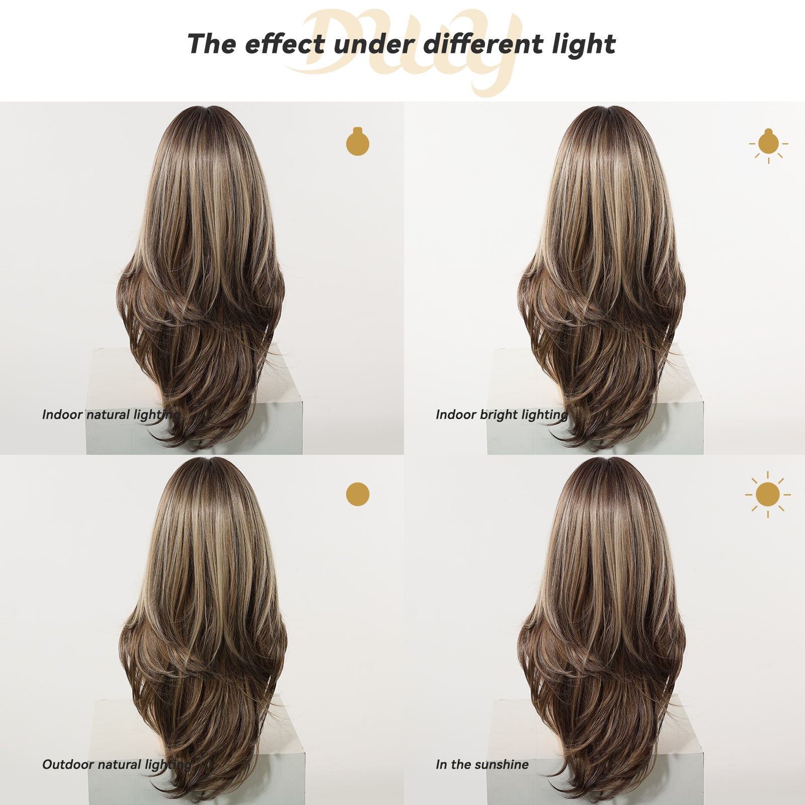 Riley- New! DWY Bionic Silk Top 26-Inch Long Body Wave Layer-cut Brown Balayage Glueless Synthetic Wig with Bangs for Women High-Quality Premium Fiber Easy Wear Comfortable Fit Summer Look