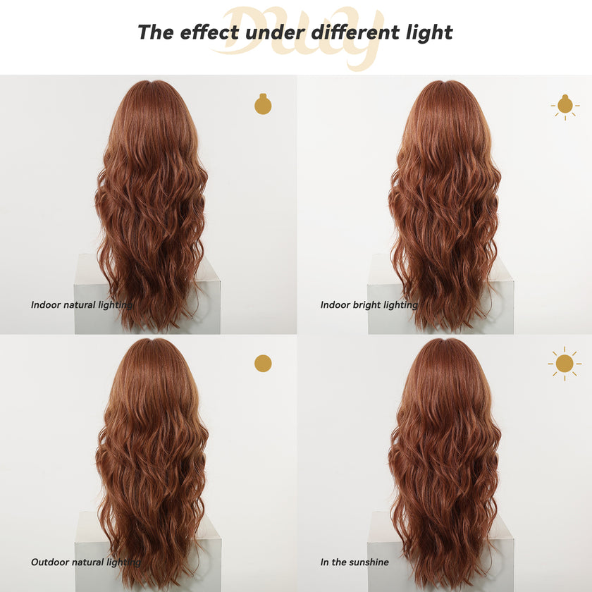 Apricot -DWY New Technology! Bionic Silk Top 24-Inch Long Wave Cowboy Copper Glueless Synthetic Wig with Bangs for Women High-Quality Premium Fiber Easy Wear Comfortable Fit