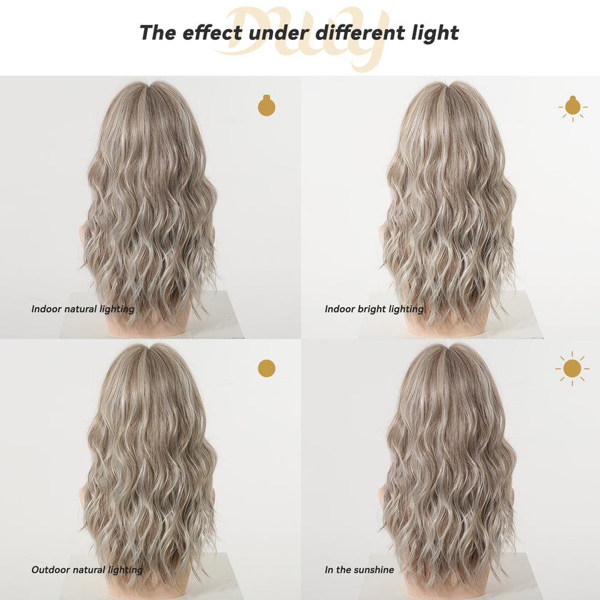 Vesper - New! DWY Bionic Silk Top 22-Inch Long Beachy Wave Ash Blonde Balayage Glueless Synthetic Wig with Bangs for Women High-Quality Premium Fiber Easy Wear Comfortable Fit Summer Looks