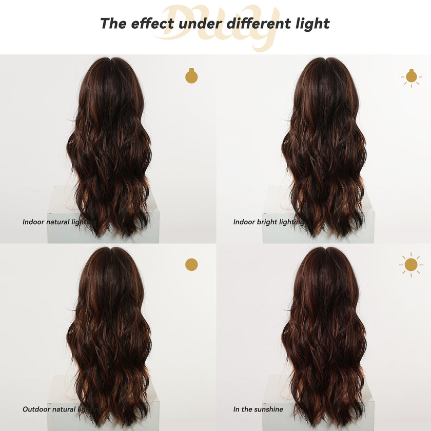 Kiya C-DWY New Technology! Bionic Silk Top Sunkiss Highlights Brown 24-Inch Long Wave Glueless Synthetic Wig