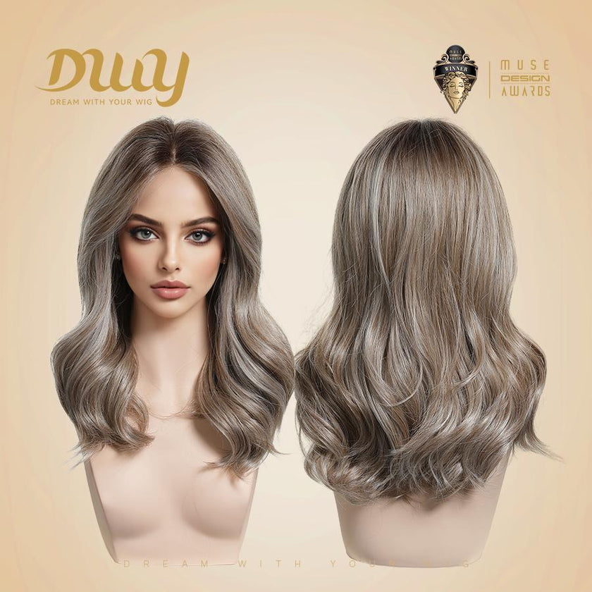 Paula-DWY Pre-cut U part Diamond Lace Mid-length Ash Beige Blonde Highlights Scandi Hairline Wave Hair Glueless Synthetic Wigs for Women 18 Inches