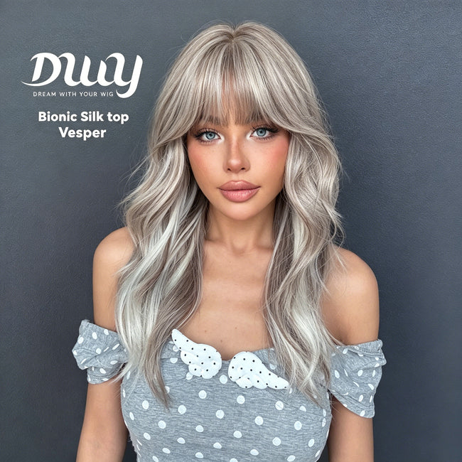Vesper - New! DWY Bionic Silk Top 22-Inch Long Beachy Wave Ash Blonde Balayage Glueless Synthetic Wig with Bangs for Women High-Quality Premium Fiber Easy Wear Comfortable Fit Summer Looks