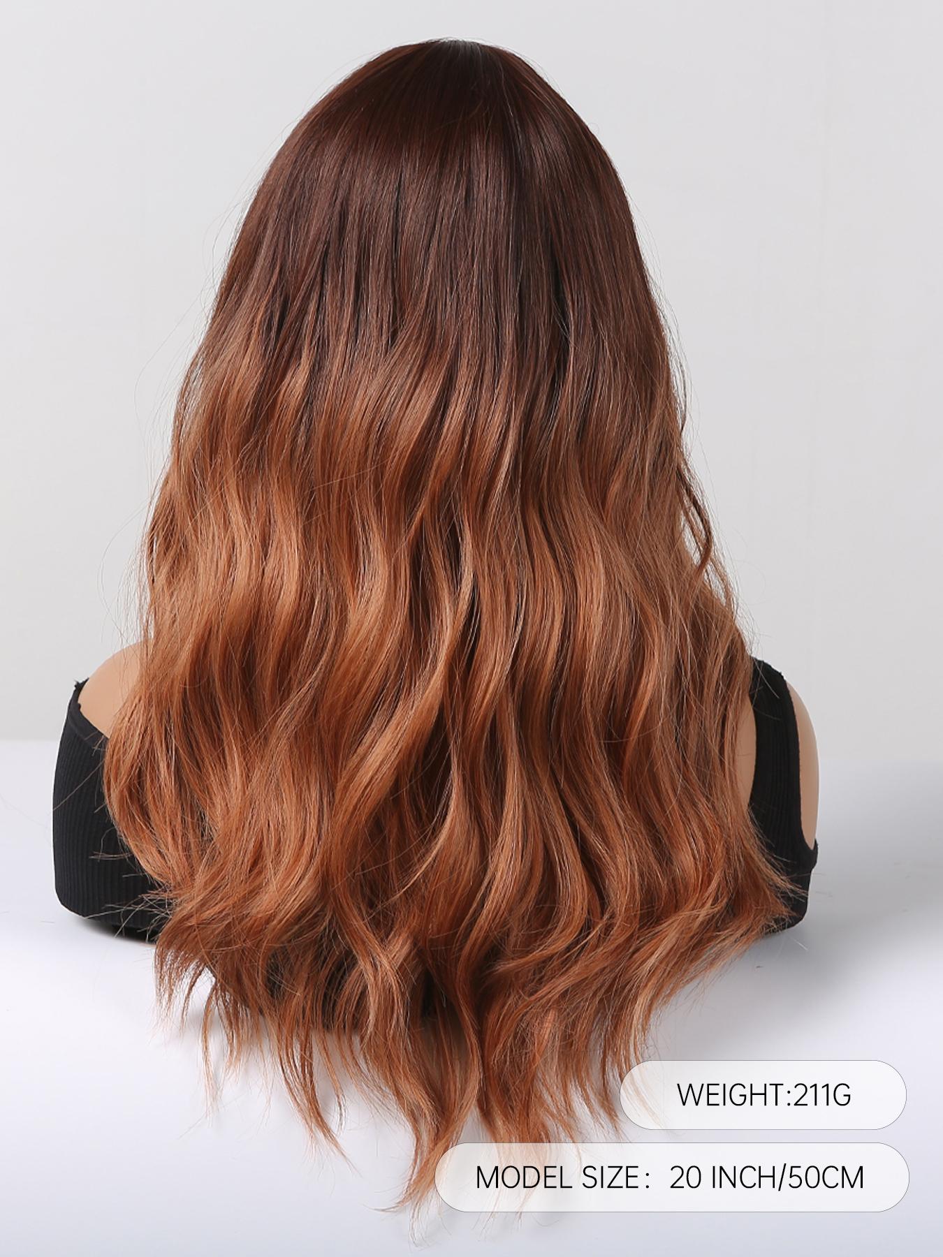A back view of a realistic mannequin head displaying a long, wavy DWY wig with a dark brown to copper red ombre color gradient, set against a clean white background with product information text.