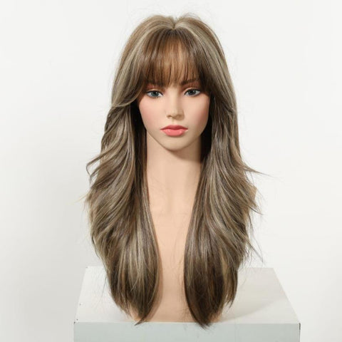 Kimi C-DWY New Technology! Bionic Silk Top 22-Inch Long Wave Light Brown Glueless Synthetic Wig with Bangs for Women High-Quality Premium Fiber Easy Wear Comfortable Fit