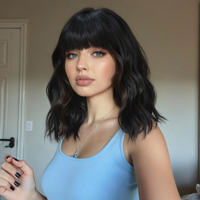 Aine-DWY Short-length Water Wave Glueless Synthetic Wig for Women 14 Inches