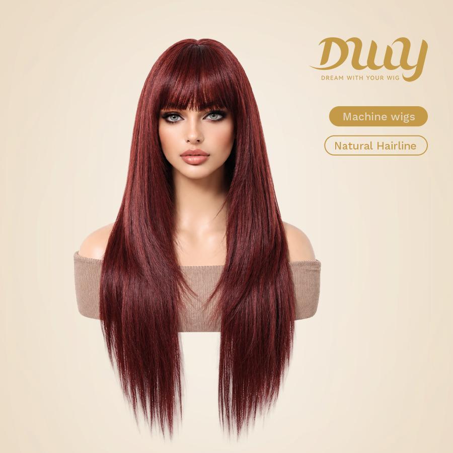 [Festival Limited] Cherry-DWY Mid-length Cherry Cola Red Brown with Bangs Glueless Synthetic Wig for Women 28 Inches