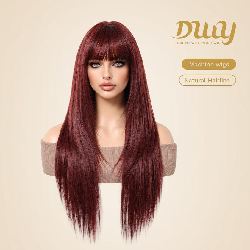 [Festival Limited] Cherry-DWY Mid-length Cherry Cola Red Brown with Bangs Glueless Synthetic Wig for Women 28 Inches