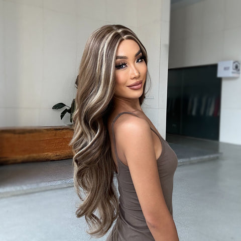 [Adr]DWY 5*1 34 inches Lace Front Ombre Brown With Highlight Wig  Long Wavy Colored Brown Hair Middle Parting Lace Frontal Wigs for Women BL66018-1