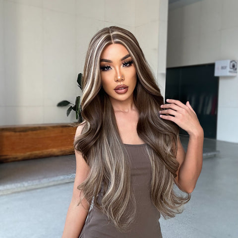 [Adr]DWY 5*1 34 inches Lace Front Ombre Brown With Highlight Wig  Long Wavy Colored Brown Hair Middle Parting Lace Frontal Wigs for Women BL66018-1