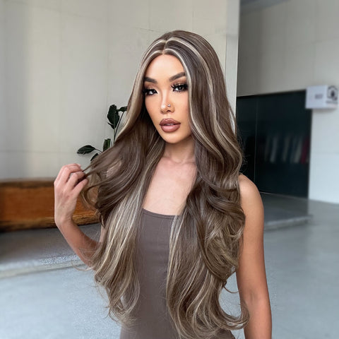 [Adr]DWY 5*1 34 inches Lace Front Ombre Brown With Highlight Wig  Long Wavy Colored Brown Hair Middle Parting Lace Frontal Wigs for Women BL66018-1