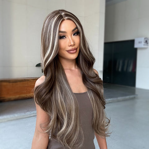 [Adr]DWY 5*1 34 inches Lace Front Ombre Brown With Highlight Wig  Long Wavy Colored Brown Hair Middle Parting Lace Frontal Wigs for Women BL66018-1