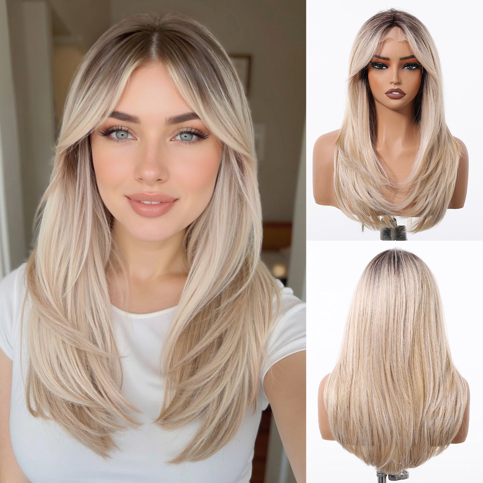 Mackenzie-DWY Blonde Synthetic Lace Front Wig Long Straight Layered Pre Plucked Glueless Wig