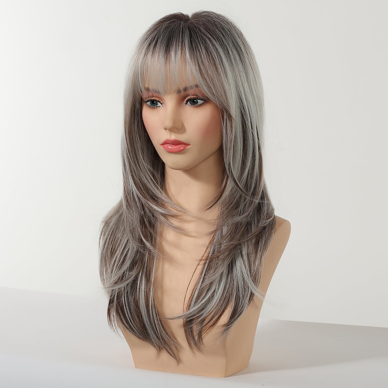 Elara-DWY 22 Inch Silver Grey Balayage Long Layered Wig with Air Bangs | Natural Synthetic Hair for Women | Daily Wear & Versatile Styling