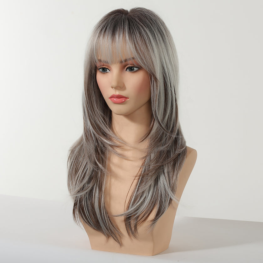 Elara-DWY 22 Inch Silver Grey Balayage Long Layered Wig with Air Bangs | Natural Synthetic Hair for Women | Daily Wear & Versatile Styling