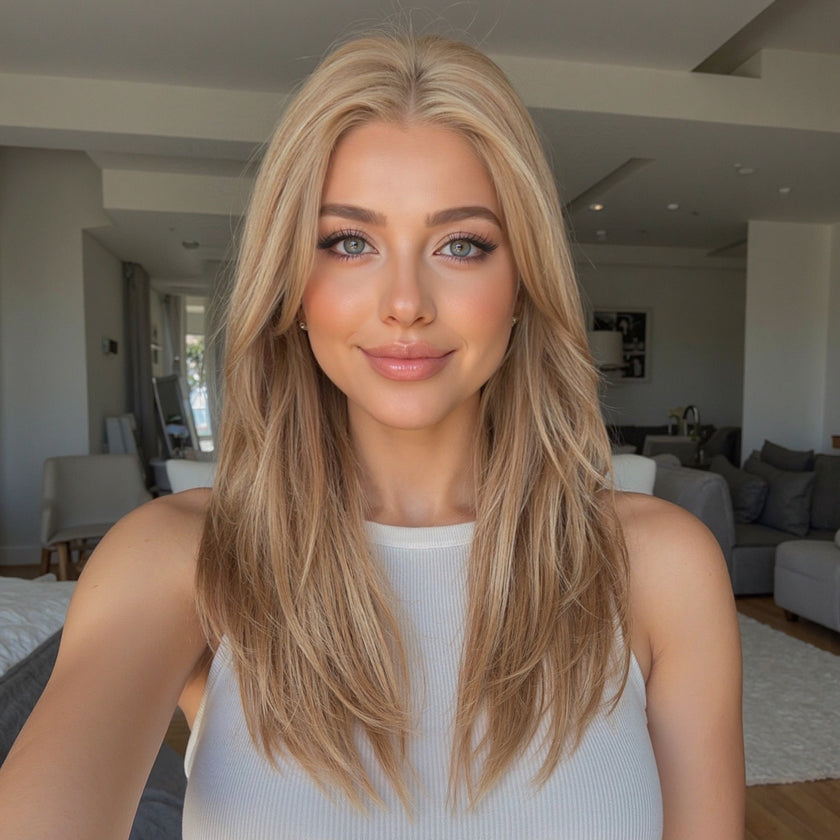 Kiki C- NEW ! DWY 13×4 Lace Front Free Part Mid-Length Layer-cut Straight Beachy Blonde Glueless Synthetic Wig for Women 18 Inches