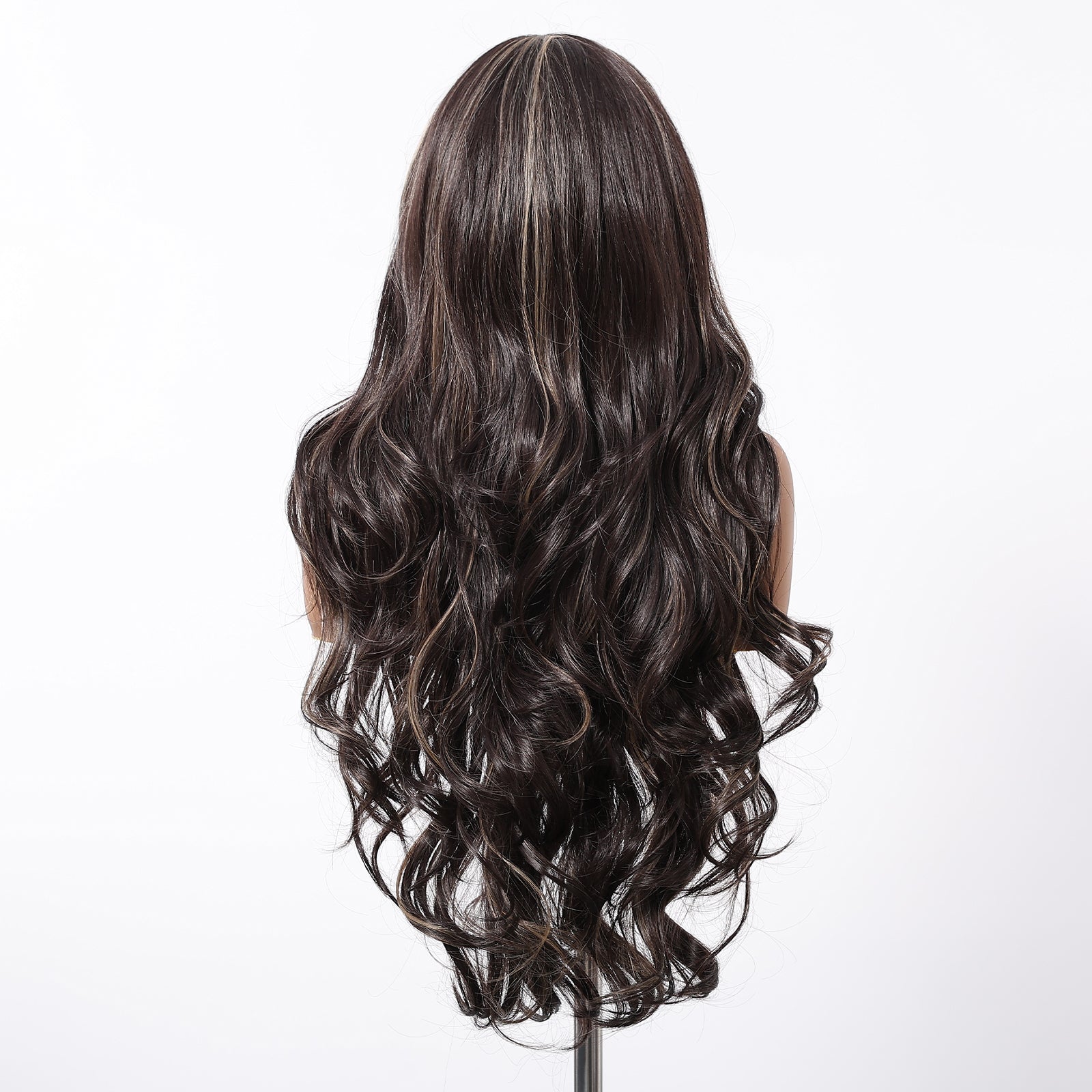 DWY Freepart Long length Curly Chocolate Brown Highlighted Wig