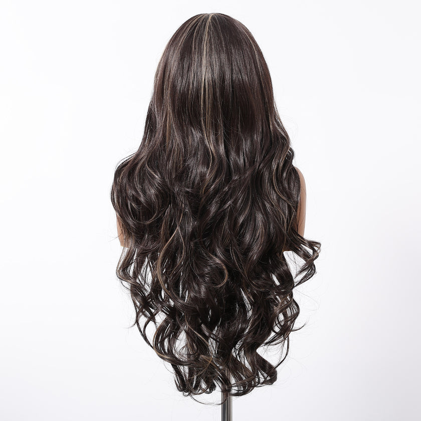 DWY Freepart Long length Curly Chocolate Brown Highlighted Wig