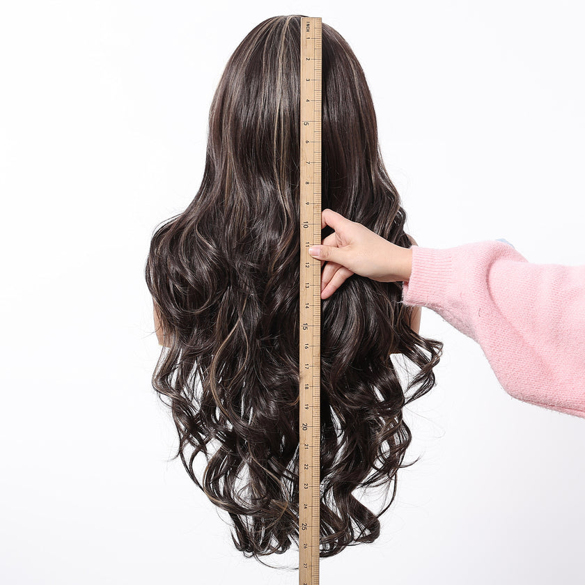 DWY Freepart Long length Curly Chocolate Brown Highlighted Wig