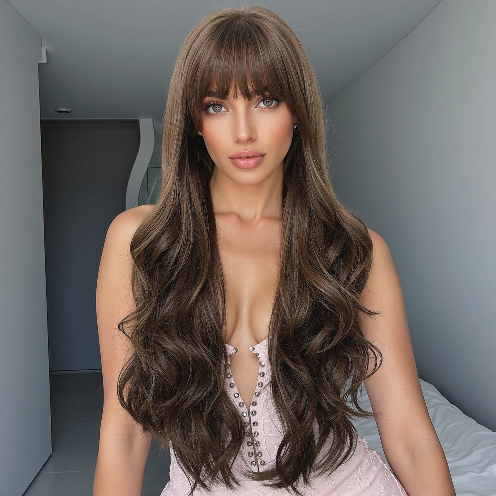 (Us Only)Sunday-DWY Light Caramel Blonde Tresses Wavy Synthetic Wig With Bangs