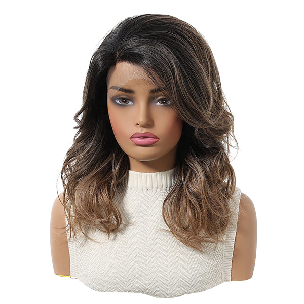 Juniper-DWY Filter Lace Front Curved Part Mid-Length Wavy Brown Dyed Black Glueless Synthetic Wig