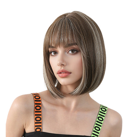 Jean-DWY 12-Inch Glueless Synthetic Wig: Chic Brown with Blonde Highlights and Bangs