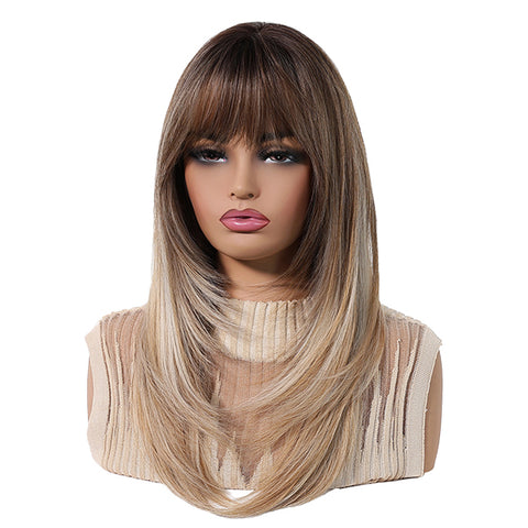 Bonia-DWY Long Curly Ombre Blonde With Bangs Dark Roots Glueless Synthetic Wig
