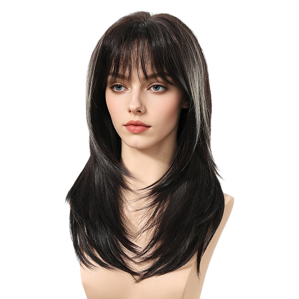 Cressida-DWY Straight Layer-cut with White Highlights and Bangs Glueless Synthetic Wig