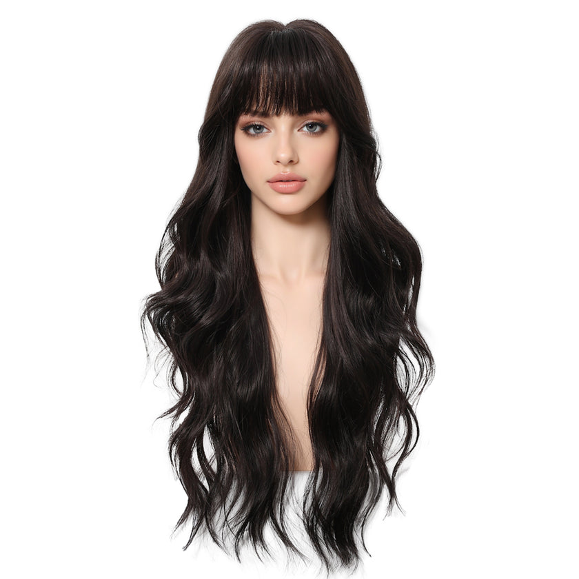 Noelle-DWY Free Part Machine Made Long Layer Wave Tea Black Glueless Synthetic Wig with Bangs for Women 26 Inches