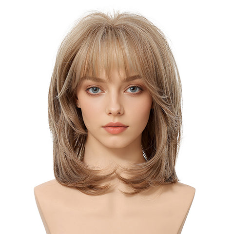 Cici-New Arrival DWY MiraScalp Short-length Bob Hair Light Brown with Blonde Highlights Glueless Synthetic Wig