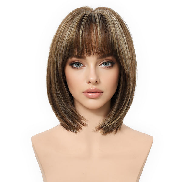 Jean plus -DWY【Gen 2 Large Realistic Scalp】Short Straight Brown with Blonde Highlights Glueless Synthetic Wig with Bangs