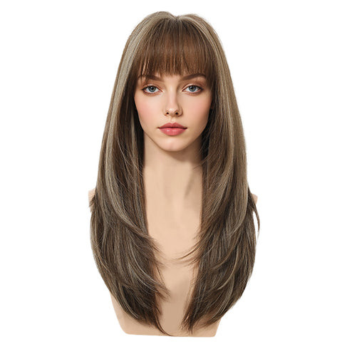 Tina- DWY NEWIN Long-length Layer-cut Straight with Air Bangs Linen Brown with Highlights Glueless Synthetic Wig