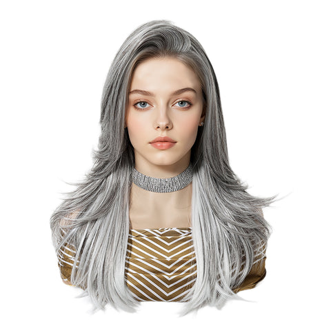 DWY Gary-DWY 13x6 Librea Lace Front Wig 18 Inches White Gray Highlights Glueless Synthetic Wig