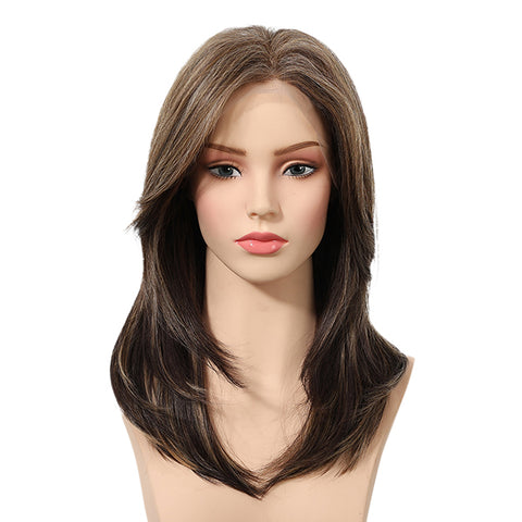 【New in】Fable-DWY 13×4 Lace Front Free Part Mid-Length Layer-cut Straight Brown with Highligts Glueless Synthetic Wig