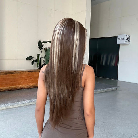 [Adr]DWY Free Part Lace Front Wigs Long Straight Brown with Highlights Heat resistant Synthetic Women's Wigs for Daily or Holiday Use SWLF1034-1BR28