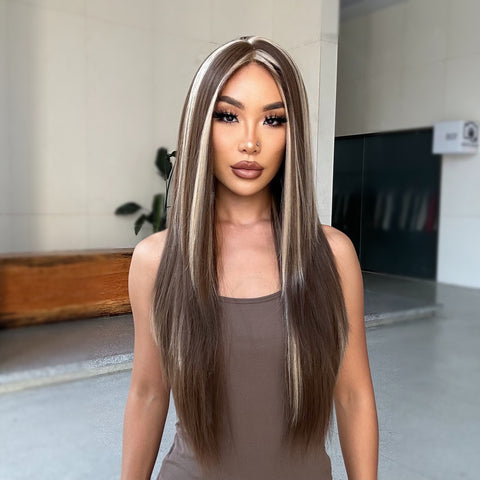 [Adr]DWY Free Part Lace Front Wigs Long Straight Brown with Highlights Heat resistant Synthetic Women's Wigs for Daily or Holiday Use SWLF1034-1BR28