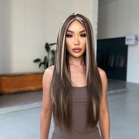 [Adr]DWY Free Part Lace Front Wigs Long Straight Brown with Highlights Heat resistant Synthetic Women's Wigs for Daily or Holiday Use SWLF1034-1BR28