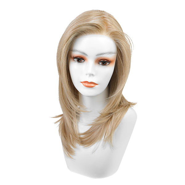 A white female mannequin head is centered, displaying a DWY brand, medium-length, layered blonde wig with a natural side part, set against a plain white background.