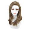 A professional product photograph of a white female mannequin head displaying a DWY brand, medium-length, layered brown wig with subtle highlights, positioned against a plain white background.