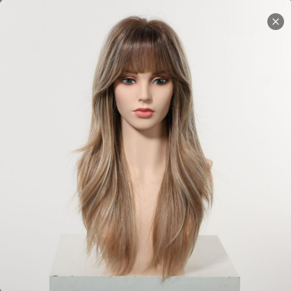 Kimi C-DWY New Technology! Bionic Silk Top 22-Inch Long Wave Light Brown Glueless Synthetic Wig with Bangs for Women High-Quality Premium Fiber Easy Wear Comfortable Fit