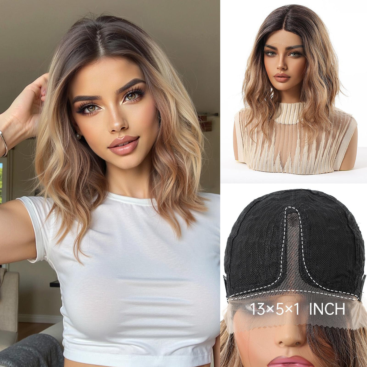 DWY Rae-DWY T-Part Lace Front Shoulder Length Ombre Brown Bob Glueless Synthetic Wig