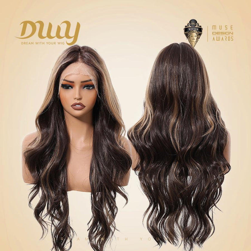 Espresso-DWY 28-Inch Lace Front Wig: Wavy Dark Brown with Highlights - Glueless Free Part Style