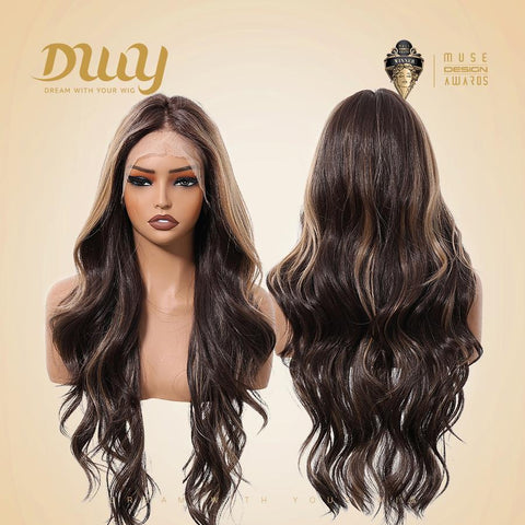 Espresso-DWY 28-Inch Lace Front Wig: Wavy Dark Brown with Highlights - Glueless Free Part Style