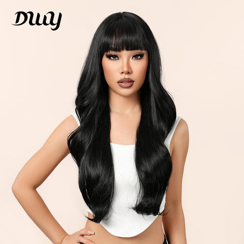 [Adr] DWY 30 Inches Long Curly Black Wigs with Bangs Synthetic Wigs Women's Wigs for Daily or Cosplay Use WL1113-2