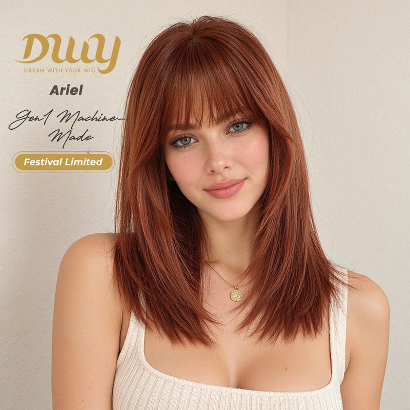 [Festival Limited]Ariel-DWY Mid-length Copper Ginger Butterfly Lob with Bangs Glueless Synthetic Wig for Women 16 Inches