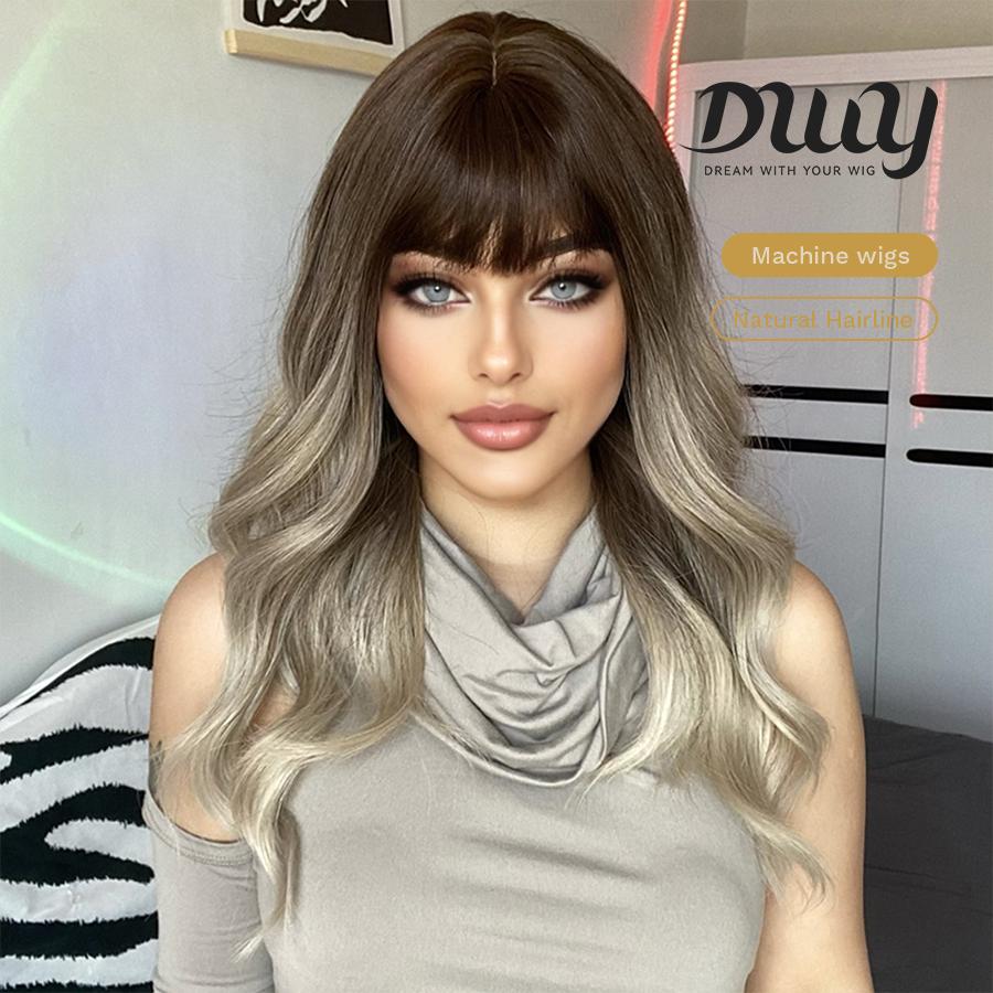 【CLEARANCE SALE】Dako DWY Machine Made Long length Wavy Hairstyle Ash Brown Glueless Synthetic Wig for Women 28 Inches Silky Straight Wig, Glueless Wigs