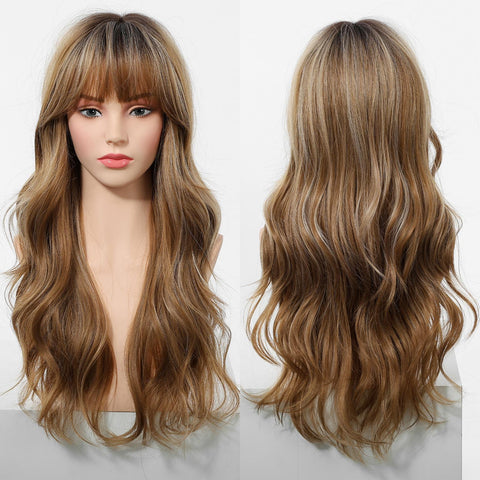 Loni-New Arrival DWY Machine Made Long Wave Light Brown Glueless Synthetic Wig