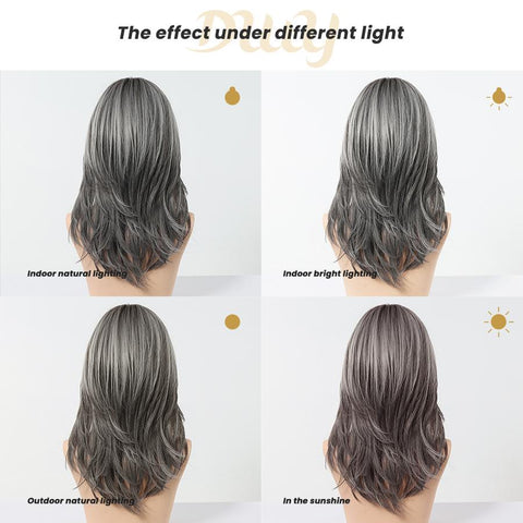 【New in】Ember- 18-Inch MiraScalp Mid-Length Straight Grey Black Wig with Highlights and Bangs