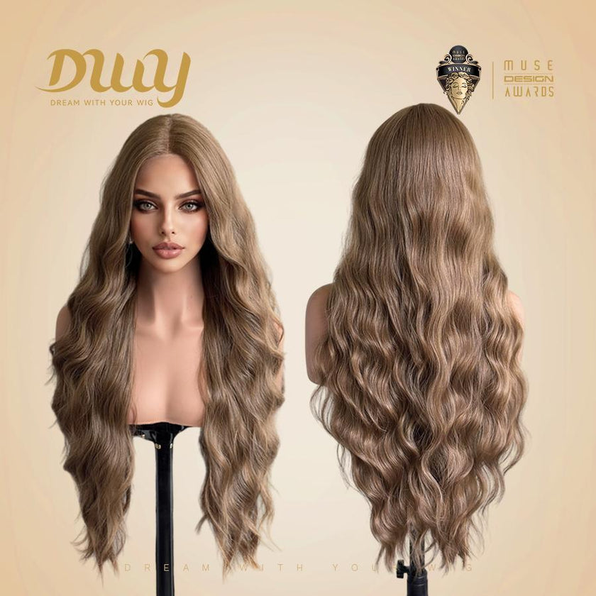Cara - NEW! DWY Pre-cut U part Diamond Lace Mid-length Lace Linen Brown Retro Curly Hair Glueless Synthetic Wigs for Women 28 Inch